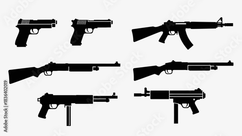 Silhouette illustration of various firearms, including pistols, rifles, and submachine guns.