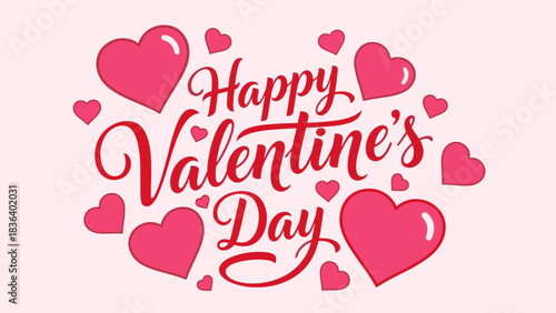 Happy Valentine's Day greeting with red calligraphic script and floating pink hearts.