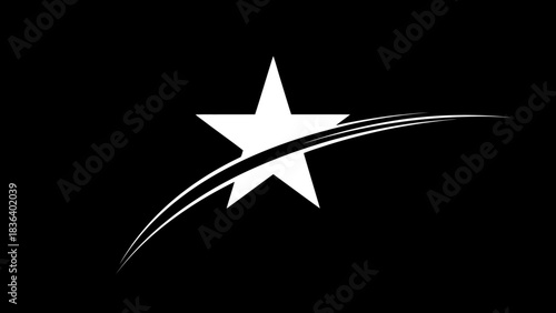 A white star with a swoosh of light streaks across a black background.