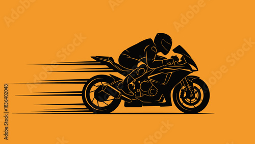 Silhouette of a motorcyclist racing on a black sportbike with speed lines against an orange background.
