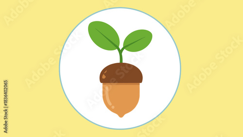 A small acorn sprouts two green leaves, symbolizing growth and new beginnings.