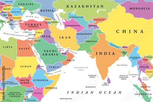 West Asia and South Asia, multi colored political map with countries and international borders. Western or Southwest Asia, with the Middle East, and South Asia, with the Indian subcontinent. Vector