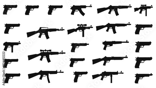 A collection of various firearm silhouettes including pistols, rifles, and submachine guns arranged in a grid pattern.