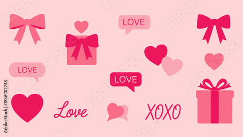 Valentine's Day themed illustration with hearts, gifts, bows, and love messages on a pink background.