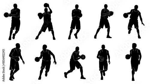 Ten black silhouettes of male basketball players in various action poses, isolated on a white background.