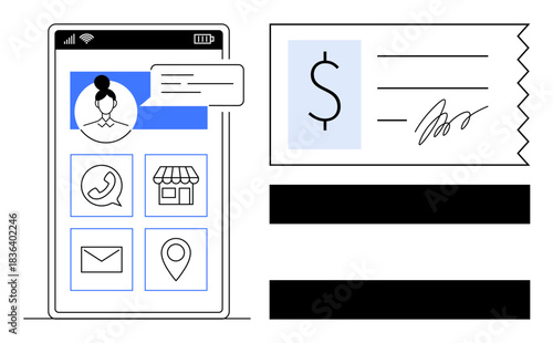 Smartphone screen showcasing user profile, contact icons, and a navigation dashboard alongside an electronic receipt. Ideal for e-commerce, digital payments, communication tools, customer management