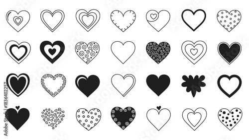 Collection of heart shapes, various designs, black and white line art.