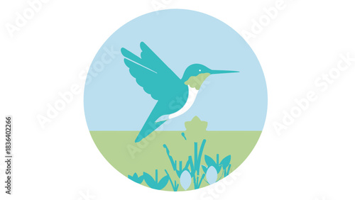 A stylized graphic illustration of a teal hummingbird flying over a nest with eggs in a field.