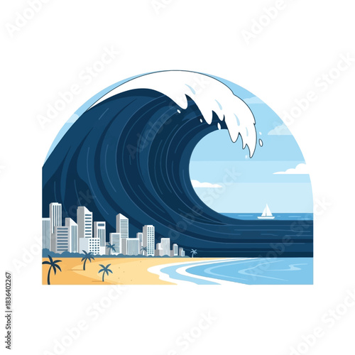 A massive blue tsunami wave towering over a modern city skyline on a sandy beach with palm trees.