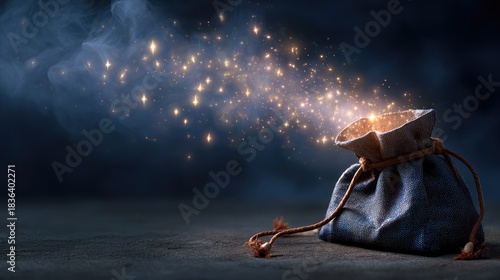 Magical fabric pouch releasing sparkling particles into the air, creating a mystical atmosphere of wonder and enchantment with a soft blue smoky background