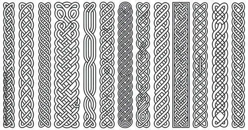 Celtic patterns, irish knot and braid seamless borders, vector illustration set of decorative elements, suitable for design projects, cultural artwork, and ornamental graphics.