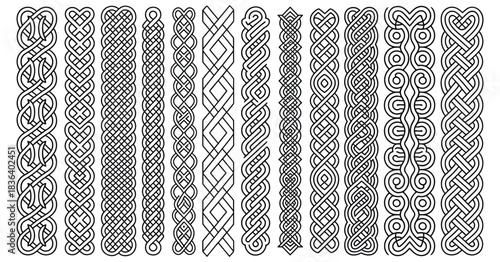 Celtic braid elements, irish seamless patterns, knotted ornament borders, isolated vector illustration set, ideal for design, decorative, cultural, and traditional artwork projects.