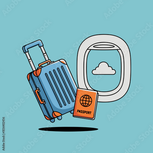 Flat Airport Travel Illustration – Suitcase and Passport with Airplane Window