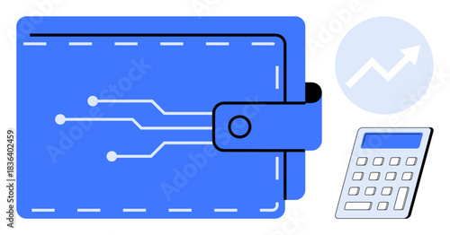 Financial technology, digital payments, investment planning, growth trends, cryptocurrency storage, expense calculation. Digital wallet with circuit pattern, calculator, and rising chart icon