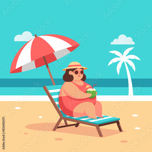 Flat Tropical Travel Illustration – Tourist Relaxing on Beach Chair
