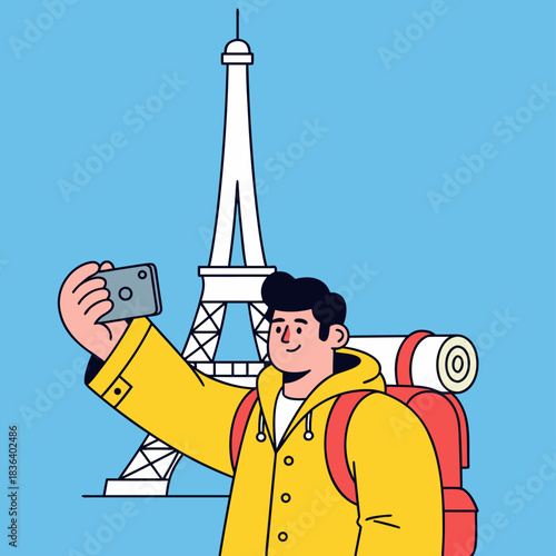 Flat Travel Illustration – Tourist Taking Selfie in Front of Eiffel Tower
