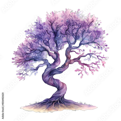 Watercolor purple tree with twisted trunk and pink blossoms, vector
