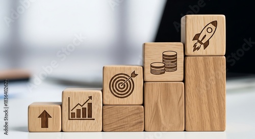 Wooden blocks with business icons symbolizing the steps to success, from growth to launch.
