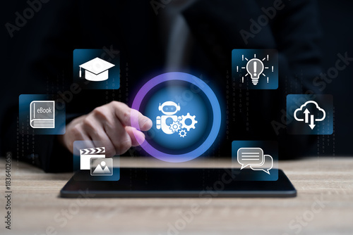 AI Training for Business development and Machine Learning Concept, Businesswomen use a tablet and AI Models with Automated Systems, Electronic book, New Idea, Data Management for Images, Videos