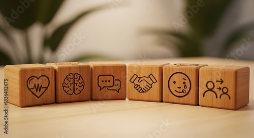 Wooden blocks with icons representing soft skills like communication, empathy, and emotional intelligence.