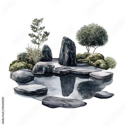 Watercolor Zen garden pond with stepping stones, vector
