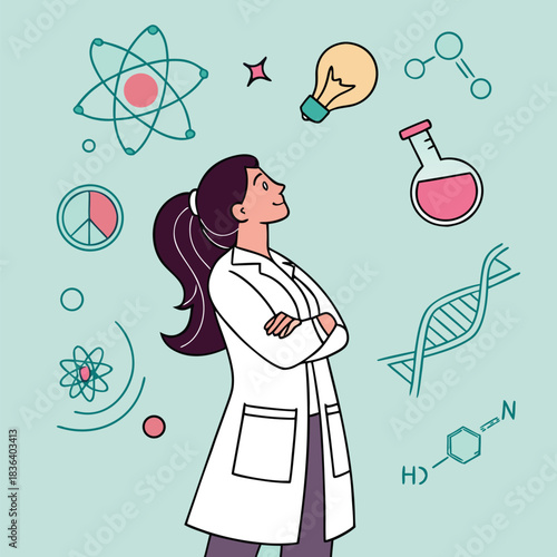 Confident brunette scientist in a lab coat looks up at atom and dna symbols