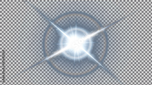 Intense cold white and pale blue four-point starburst with sharp cross rays and surrounding circular lens flare ring, ethereal illumination effect on transparent PNG background.