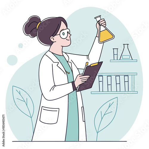 Caucasian chemist with glasses observes yellow liquid inside an Erlenmeyer flask carefully