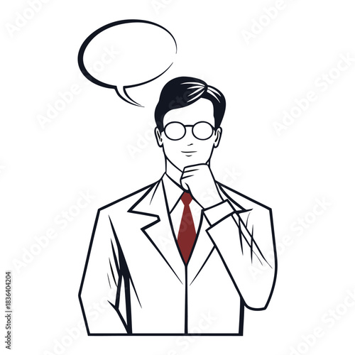 Contemplative man in suit ponders possibilities while a speech bubble hovers above his head