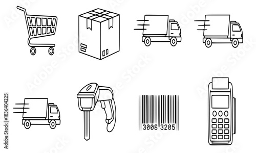 Set of simple line art icons representing shopping, delivery, and payment processes