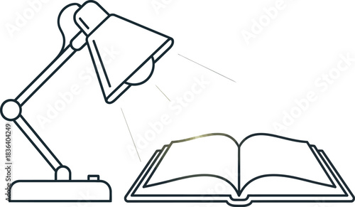 Desk lamp illuminating an open book in a minimalist line drawing illustration