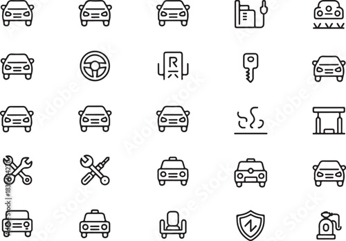 Automotive outline icon set featuring various car models, service tools, parking, key, fuel, safety, and repair symbols.