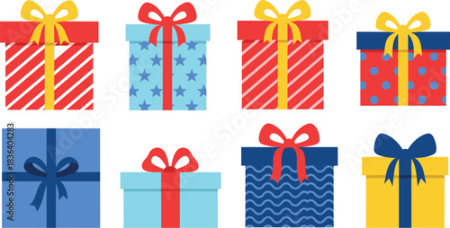 Bright flat vector illustration set of colorful gift boxes with ribbons and patterns, perfect for birthdays, holidays, parties, and festive designs.