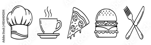 Vector line icons of common food and dining items chef's hat, steaming cup, pizza slice, hamburger, and crossed cutlery. Ideal for menus, apps, and restaurant branding