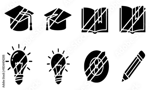 Collection of hand-drawn brush stroke educational and business icons, including graduation caps, books, lightbulbs, gears, and pencils, representing knowledge, ideas, and learning