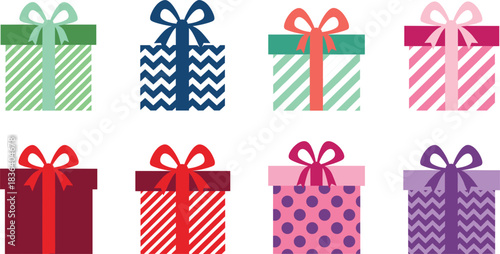 Bright vector illustration set of colorful patterned gift boxes with bows, featuring stripes, dots, and chevron designs for festive projects.