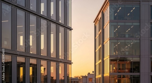Two modern office buildings reflect golden hour sunlight across glass facades