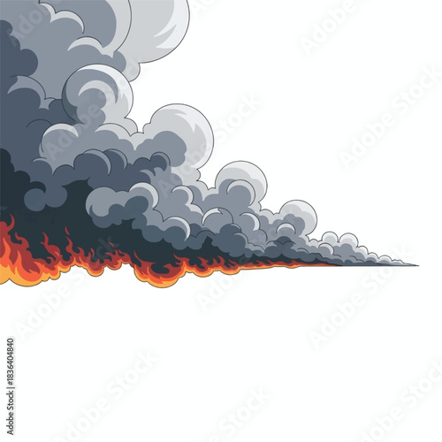 A detailed illustration of a thick, dark smoke plume rising from a line of intense orange and red flames, set against a clean white background.