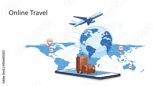 Digital concept of online travel booking with a globe, airplane, luggage, and GPS pins on a world map.