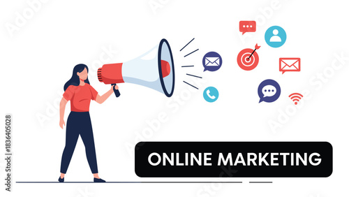 Woman with megaphone broadcasting online marketing symbols and icons.