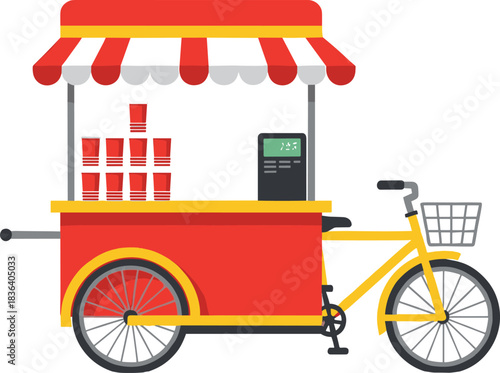 Colorful vector illustration of a bicycle street vending cart with canopy, stacked cups, and payment terminal for food and drink businesses.