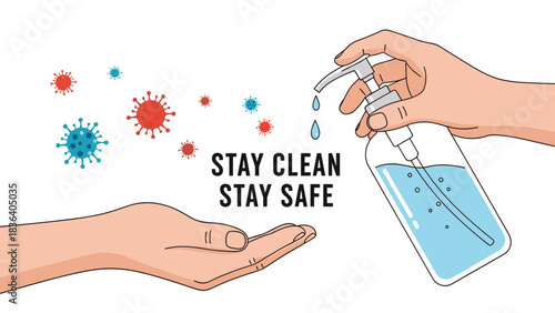 Illustration of hands using hand sanitizer to stay clean and safe from viruses.