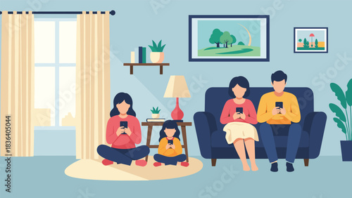 Family members engrossed in their smartphones, ignoring each other in a living room setting.