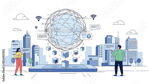 Smart city concept with people interacting with a holographic globe and data cubes.