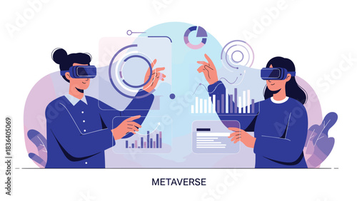 Two people in VR headsets interacting with a futuristic digital interface displaying charts and data.