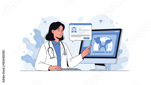 Female doctor consulting with patient online, pointing at medical scan on computer screen.
