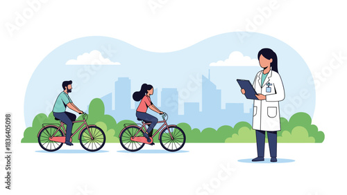 Doctor observing a couple cycling in a city park with skyscrapers in the background.