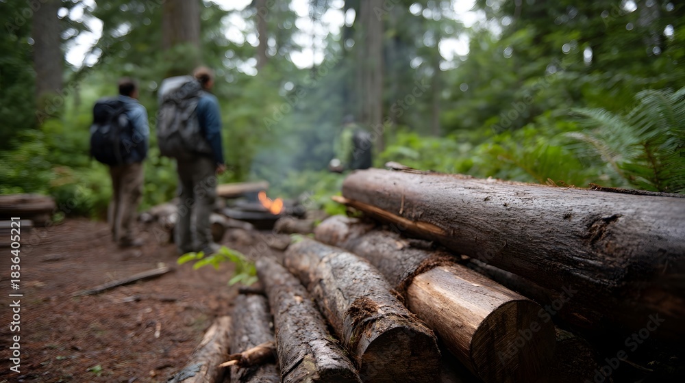 Fototapeta premium Hikers pause at a forest campfire with stacked logs amid lush greenery
