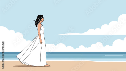Woman in a flowing white dress stands on a sandy beach looking out at the ocean and cloudy sky.
