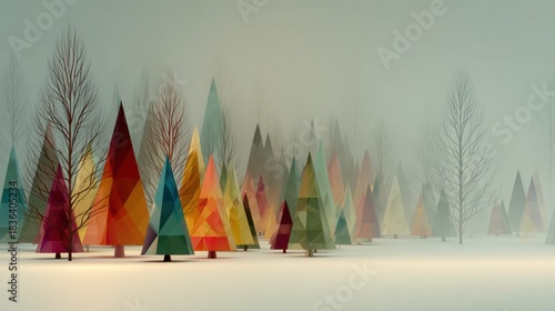 Colorful Geometric Shapes Depict Christmas Trees in a Winter Forest During Snowfall, Creating a Festive and Joyful Environment for All